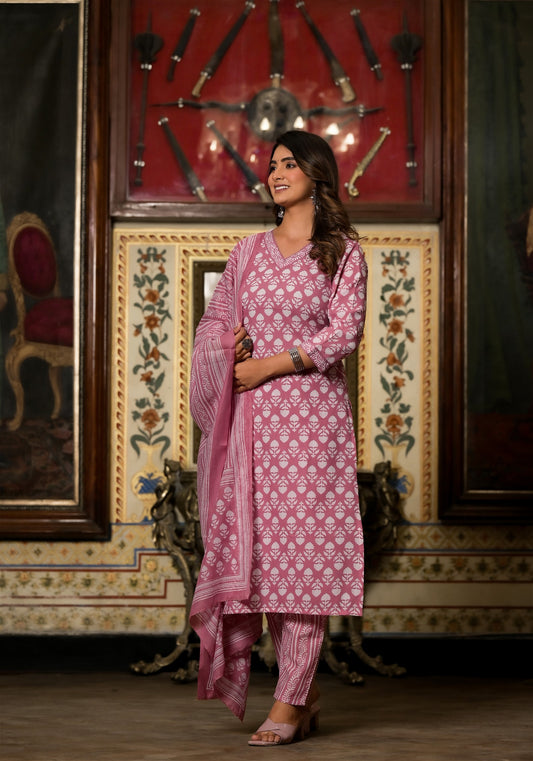 Baby Pink Printed Casual Wear Kurta Set with Bottom wear and Dupatta